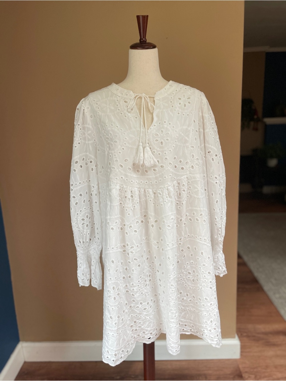 Womens Cottagecore Puffy Eyelet Dress Size 2XL White Prairie Boho Cotton Tie